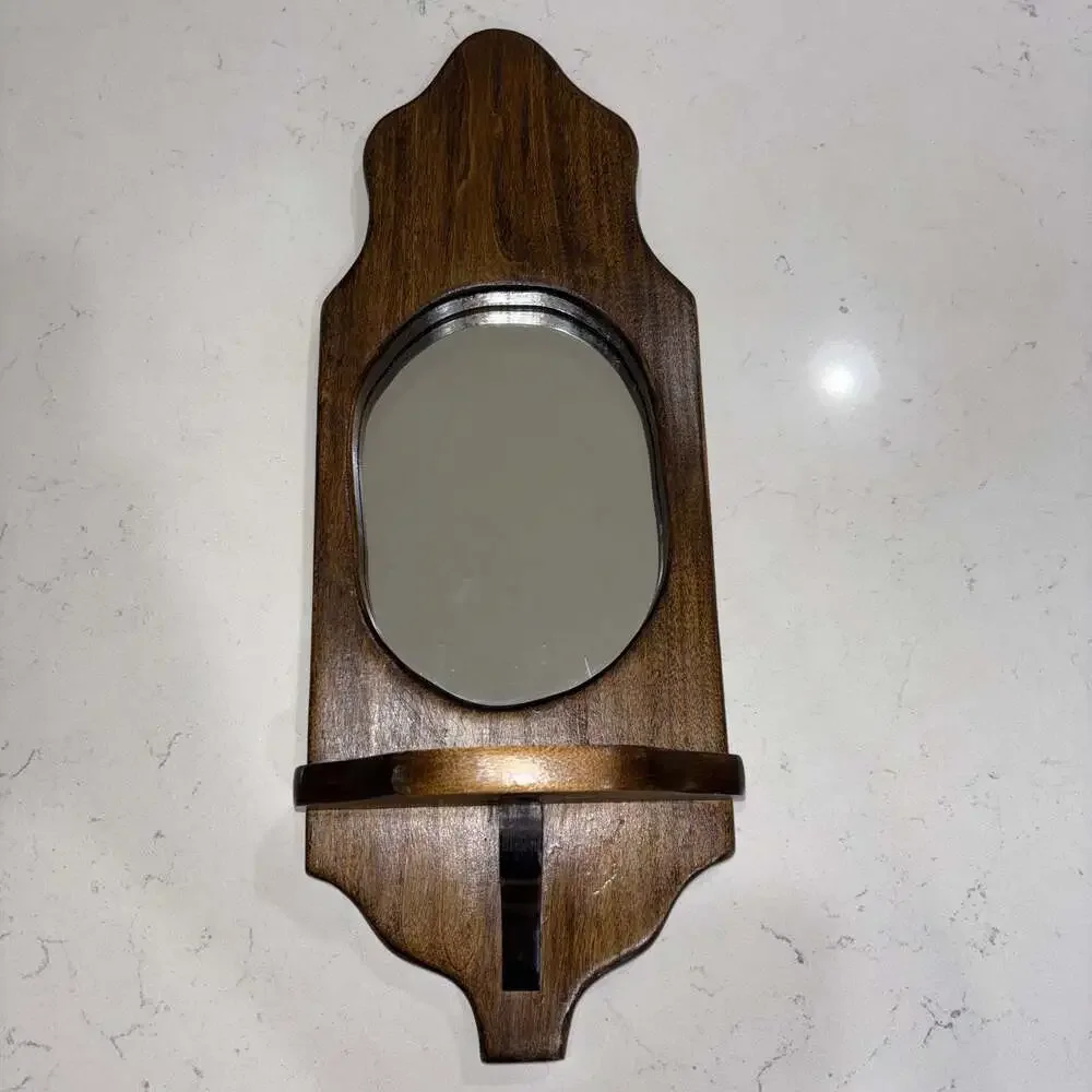 Vintage Wall-Mounted Dark Wood Sconce with Oval Mirror and Shelf
